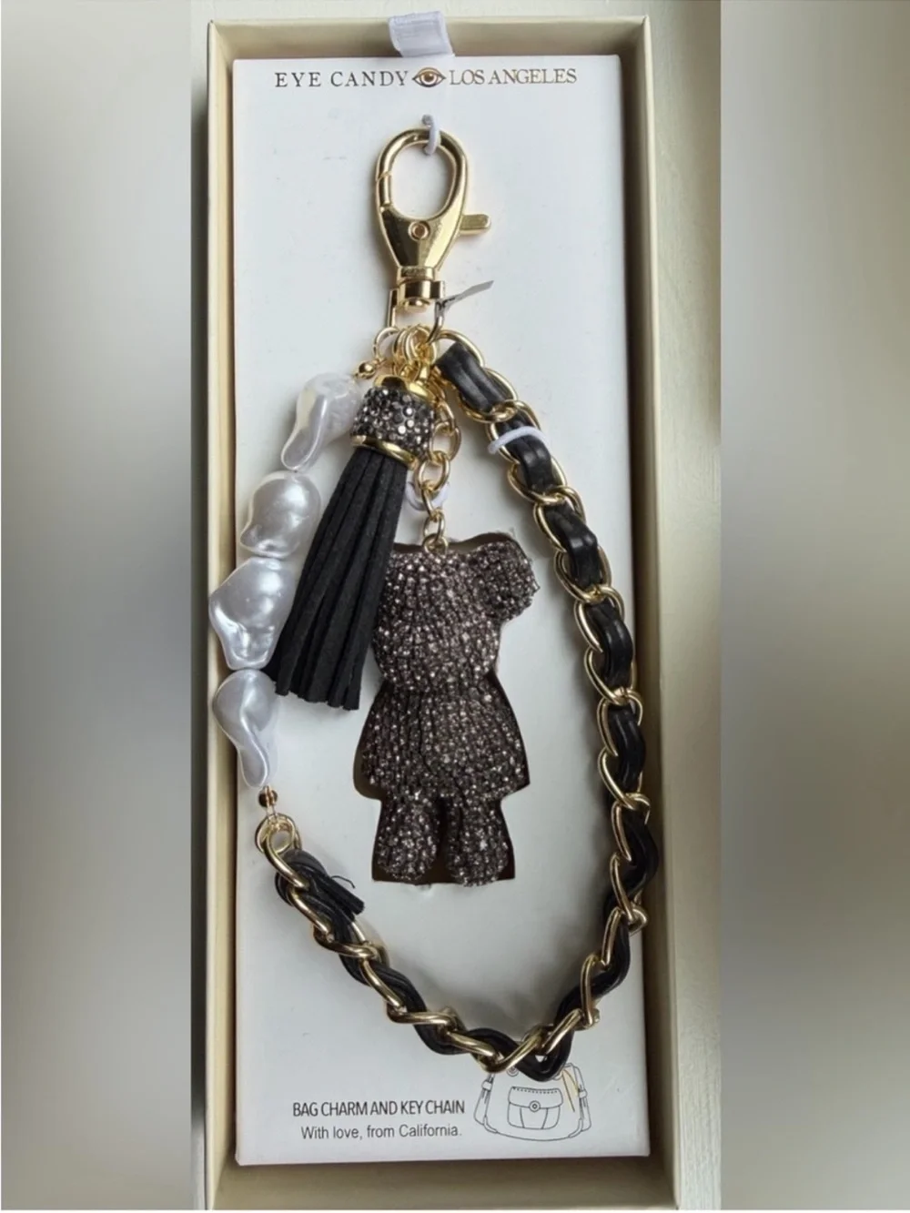 Eye Candy Black rhinestone bag charm key chain with faux pearls and gold chain